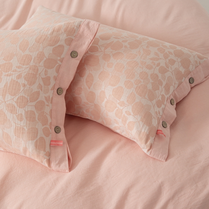 91家纺网 家纺一手货源 找家纺 安莱生活 2023新款A类简约棉麻树叶拼边四件套 棉麻拼边纽扣款-纯粉