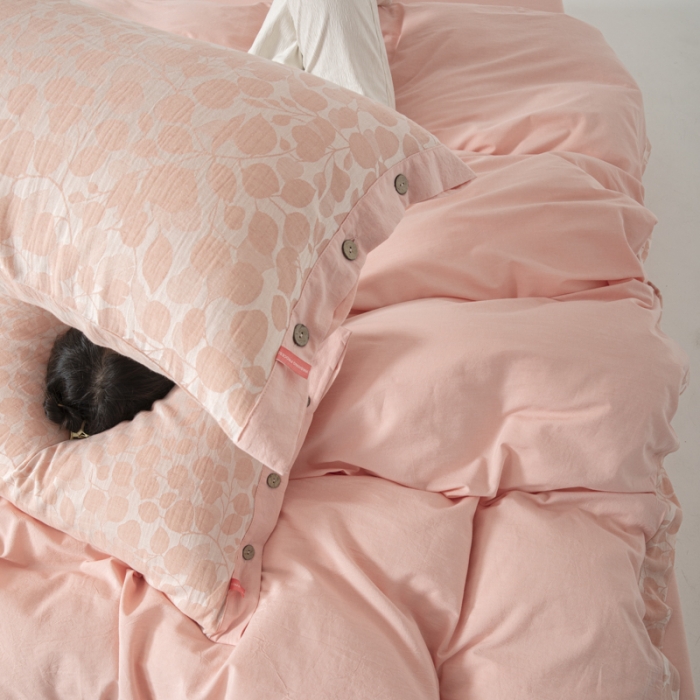 91家纺网 家纺一手货源 找家纺 安莱生活 2023新款A类简约棉麻树叶拼边四件套 棉麻拼边纽扣款-纯粉