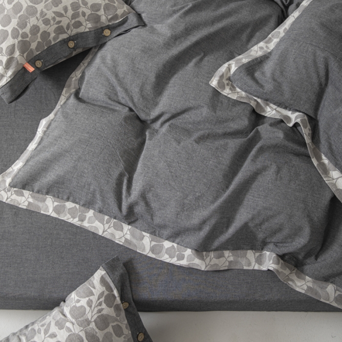 91家纺网 家纺一手货源 找家纺 安莱生活 2023新款A类简约棉麻树叶拼边四件套 棉麻拼边纽扣款-深灰