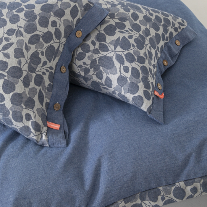 91家纺网 家纺一手货源 找家纺 安莱生活 2023新款A类简约棉麻树叶拼边四件套 棉麻拼边纽扣款-深蓝