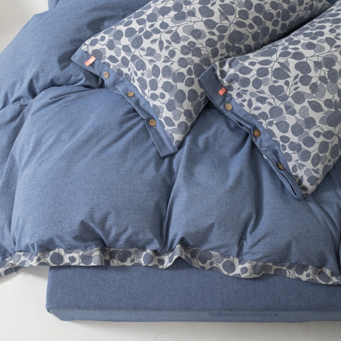 91家纺网 家纺一手货源 找家纺 安莱生活 2023新款A类简约棉麻树叶拼边四件套 棉麻拼边纽扣款-深蓝