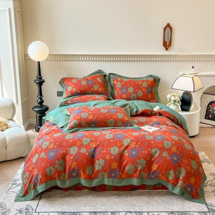 91家纺网 家纺一手货源 找家纺 小欢喜 新款色织全棉双层纱四件套直播爆款 花蕊-红