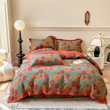 91家纺网 家纺一手货源 找家纺 小欢喜 新款色织全棉双层纱四件套直播爆款 花蕊-绿