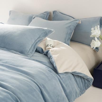 万盛家纺 2025新款230克全消光牛奶绒拼色四件套 灰兰-星暖咖