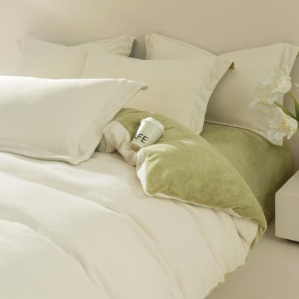 91家纺网 家纺一手货源 找家纺 万盛家纺 2025新款230克全消光牛奶绒拼色四件套 奶白-抹茶绿