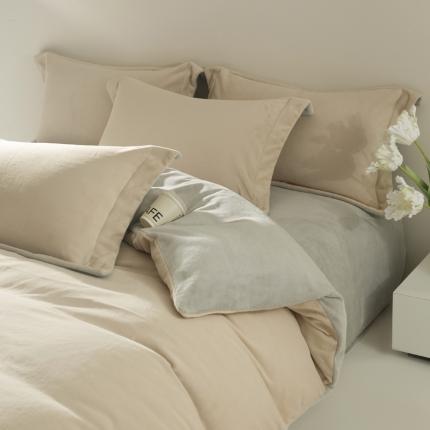 万盛家纺 2025新款230克全消光牛奶绒拼色四件套 星暖咖-烟灰