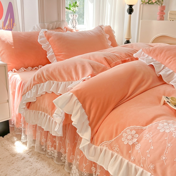 91家纺网 家纺一手货源 找家纺 唐人居 2025新款加厚牛奶绒蕾丝花边四件套-花颜 花颜-橘粉