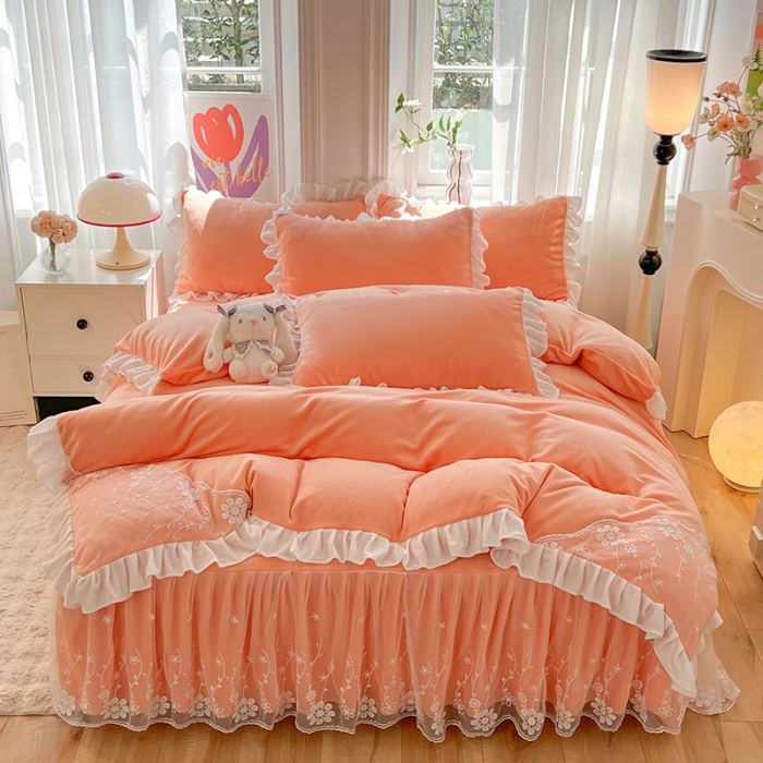 91家纺网 家纺一手货源 找家纺 唐人居 2025新款加厚牛奶绒蕾丝花边四件套-花颜 花颜-橘粉