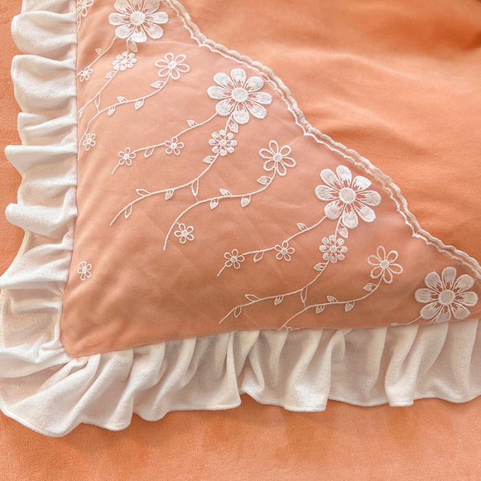 91家纺网 家纺一手货源 找家纺 唐人居 2025新款加厚牛奶绒蕾丝花边四件套-花颜 花颜-橘粉