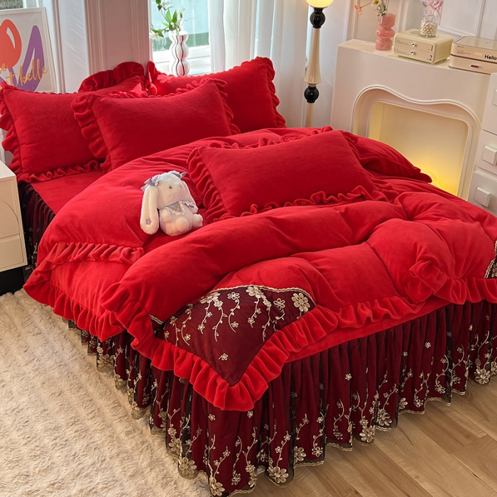 91家纺网 家纺一手货源 找家纺 唐人居 2025新款加厚牛奶绒蕾丝花边四件套-花颜 花颜-玫瑰红