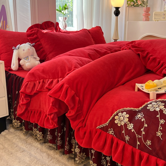 91家纺网 家纺一手货源 找家纺 唐人居 2025新款加厚牛奶绒蕾丝花边四件套-花颜 花颜-玫瑰红