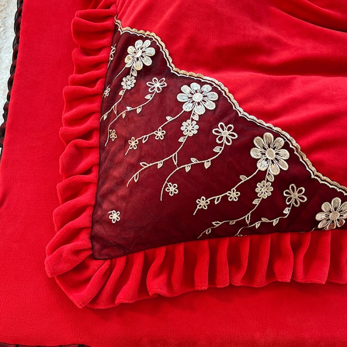 91家纺网 家纺一手货源 找家纺 唐人居 2025新款加厚牛奶绒蕾丝花边四件套-花颜 花颜-玫瑰红