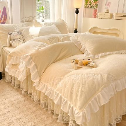 唐人居 2025新款加厚牛奶绒蕾丝花边四件套-花颜 花颜-奶黄