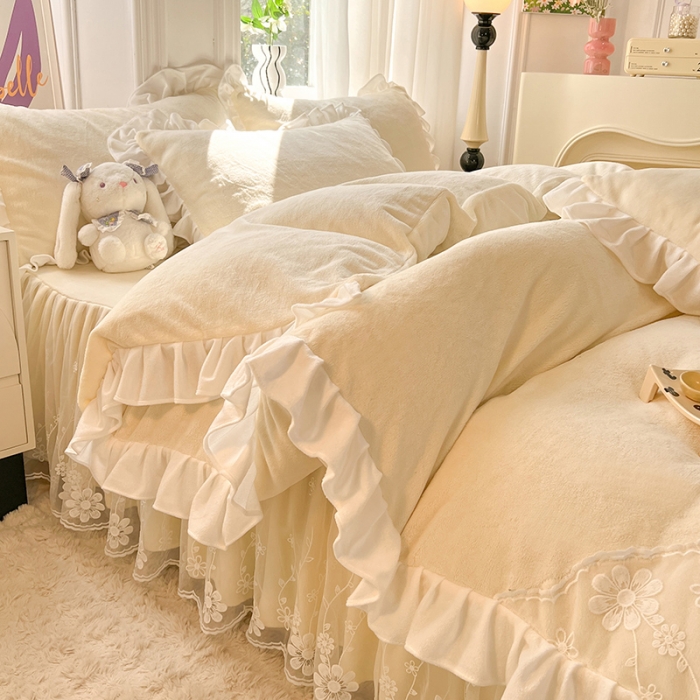 91家纺网 家纺一手货源 找家纺 唐人居 2025新款加厚牛奶绒蕾丝花边四件套-花颜 花颜-奶黄