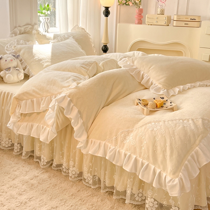 91家纺网 家纺一手货源 找家纺 唐人居 2025新款加厚牛奶绒蕾丝花边四件套-花颜 花颜-奶黄