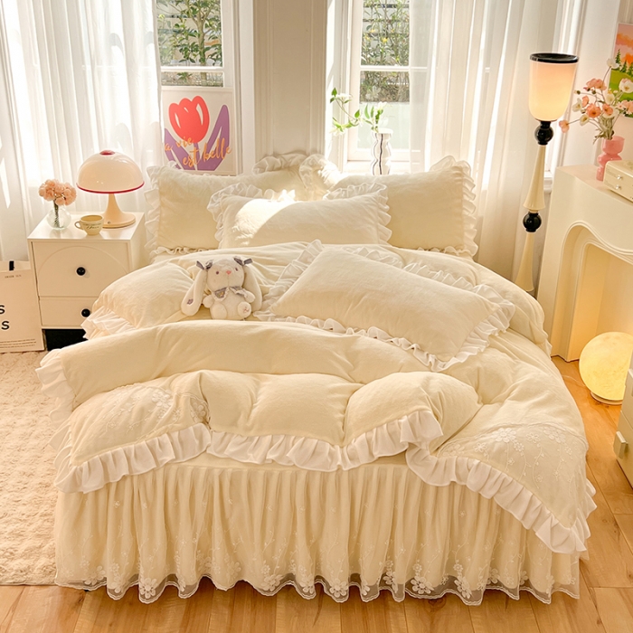 91家纺网 家纺一手货源 找家纺 唐人居 2025新款加厚牛奶绒蕾丝花边四件套-花颜 花颜-奶黄