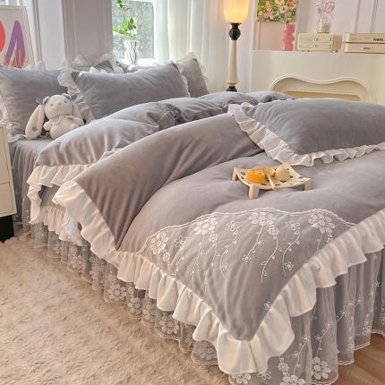 唐人居 2025新款加厚牛奶绒蕾丝花边四件套-花颜 花颜-浅灰