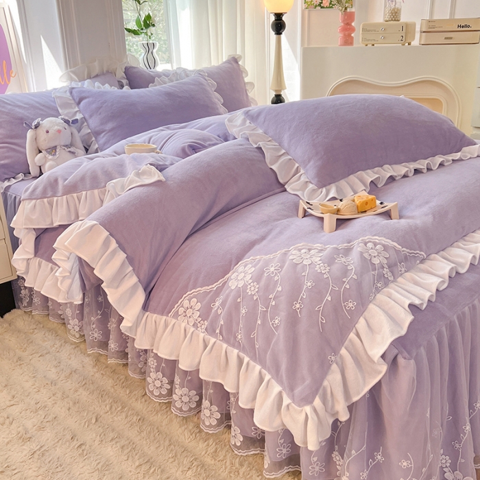 91家纺网 家纺一手货源 找家纺 唐人居 2025新款加厚牛奶绒蕾丝花边四件套-花颜 花颜-浅紫
