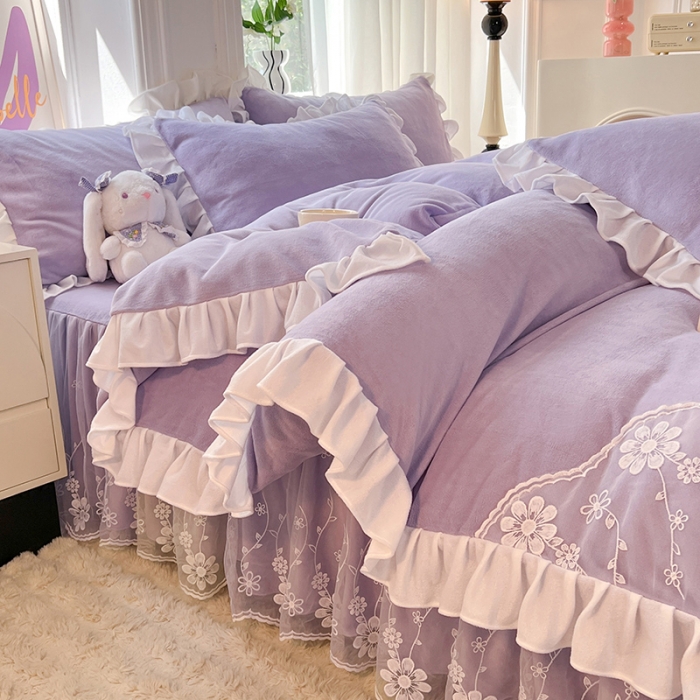91家纺网 家纺一手货源 找家纺 唐人居 2025新款加厚牛奶绒蕾丝花边四件套-花颜 花颜-浅紫
