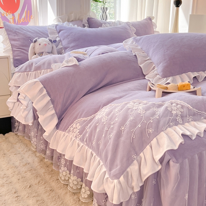 91家纺网 家纺一手货源 找家纺 唐人居 2025新款加厚牛奶绒蕾丝花边四件套-花颜 花颜-浅紫