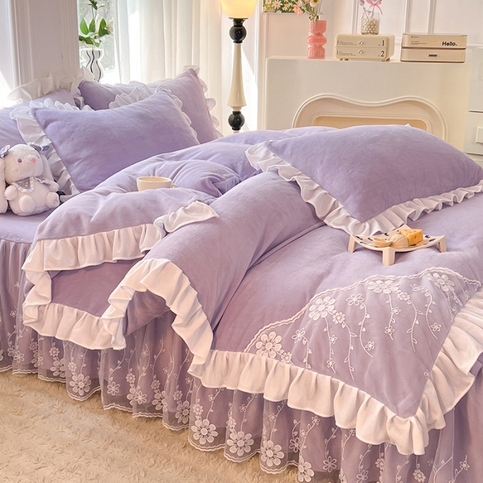 91家纺网 家纺一手货源 找家纺 唐人居 2025新款加厚牛奶绒蕾丝花边四件套-花颜 花颜-浅紫