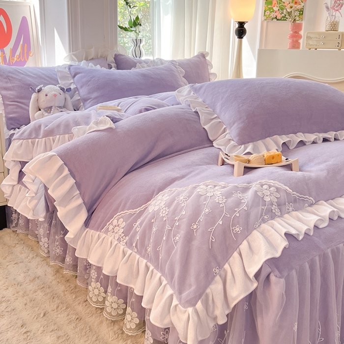 91家纺网 家纺一手货源 找家纺 唐人居 2025新款加厚牛奶绒蕾丝花边四件套-花颜 花颜-浅紫