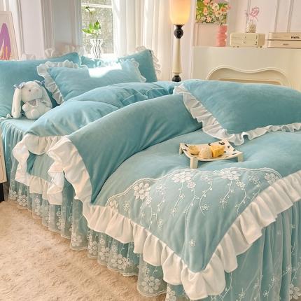 唐人居 2025新款加厚牛奶绒蕾丝花边四件套-花颜 花颜-天蓝