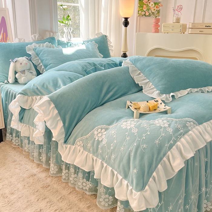 91家纺网 家纺一手货源 找家纺 唐人居 2025新款加厚牛奶绒蕾丝花边四件套-花颜 花颜-天蓝