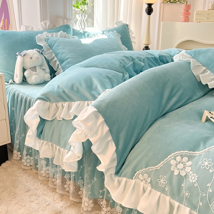 91家纺网 家纺一手货源 找家纺 唐人居 2025新款加厚牛奶绒蕾丝花边四件套-花颜 花颜-天蓝