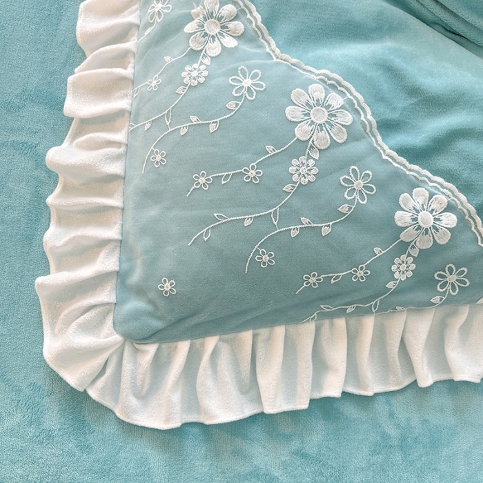 91家纺网 家纺一手货源 找家纺 唐人居 2025新款加厚牛奶绒蕾丝花边四件套-花颜 花颜-天蓝