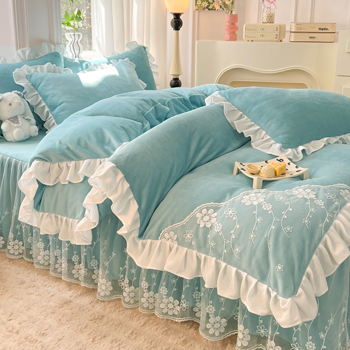 91家纺网 家纺一手货源 找家纺 唐人居 2025新款加厚牛奶绒蕾丝花边四件套-花颜 花颜-天蓝