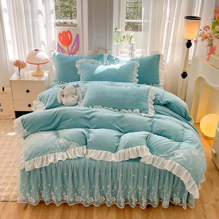 91家纺网 家纺一手货源 找家纺 唐人居 2025新款加厚牛奶绒蕾丝花边四件套-花颜 花颜-天蓝