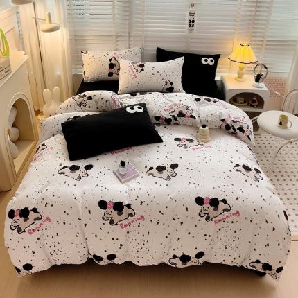 91家纺网 家纺一手货源 找家纺 奈颜 2023新款爆款水洗棉双层纱毛巾绣甜酷风四件套-大眼 甜酷可爱狗-黑