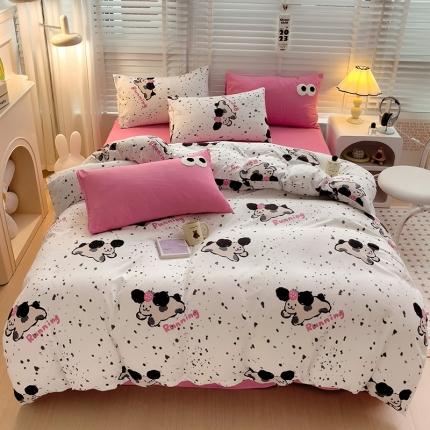 91家纺网 家纺一手货源 找家纺 奈颜 2023新款爆款水洗棉双层纱毛巾绣甜酷风四件套-大眼 甜酷可爱狗-枚粉