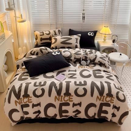 91家纺网 家纺一手货源 找家纺 （总）奈颜 2023新款爆款水洗棉双层纱毛巾绣甜酷风四件套-大眼