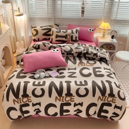 91家纺网 家纺一手货源 找家纺 奈颜 2023新款爆款水洗棉双层纱毛巾绣甜酷风四件套-大眼 甜酷奈斯-枚粉