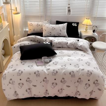 91家纺网 家纺一手货源 找家纺 奈颜 2023新款爆款水洗棉双层纱毛巾绣甜酷风四件套-大眼 甜酷俏皮狗-黑