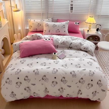 91家纺网 家纺一手货源 找家纺 奈颜 2023新款爆款水洗棉双层纱毛巾绣甜酷风四件套-大眼 甜酷俏皮狗-枚粉