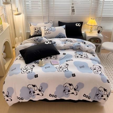 91家纺网 家纺一手货源 找家纺 奈颜 2023新款爆款水洗棉双层纱毛巾绣甜酷风四件套-大眼 甜酷涂鸦狗-黑