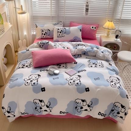 91家纺网 家纺一手货源 找家纺 奈颜 2023新款爆款水洗棉双层纱毛巾绣甜酷风四件套-大眼 甜酷涂鸦狗-枚粉