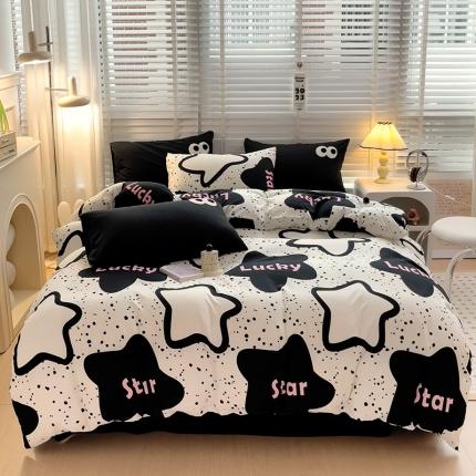 91家纺网 家纺一手货源 找家纺 奈颜 2023新款爆款水洗棉双层纱毛巾绣甜酷风四件套-大眼 甜酷幸运星-黑