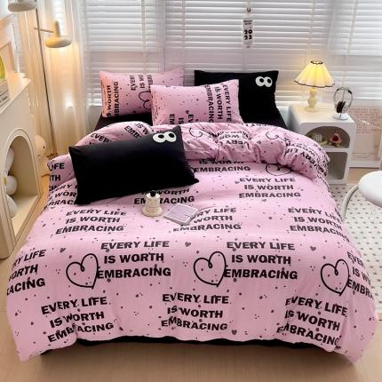 91家纺网 家纺一手货源 找家纺 奈颜 2023新款爆款水洗棉双层纱毛巾绣甜酷风四件套-大眼 甜酷字母-黑