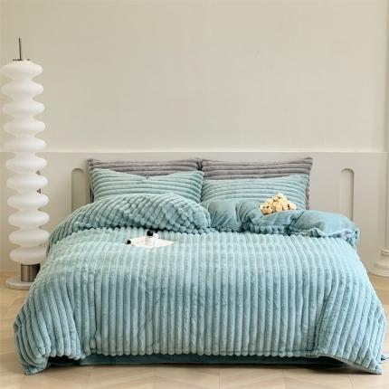 91家纺网 家纺一手货源 找家纺 （总）芯氧2023秋冬新品皮草兔毛绒牛奶绒条纹四件套