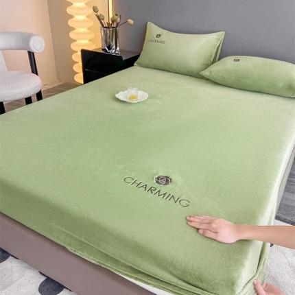 91家纺网 家纺一手货源 找家纺 古吉梦 2023新款牛奶绒刺绣床笠-琳达 琳达-月百绿