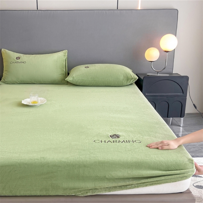 91家纺网 家纺一手货源 找家纺 古吉梦 2023新款牛奶绒刺绣床笠-琳达 琳达-月百绿