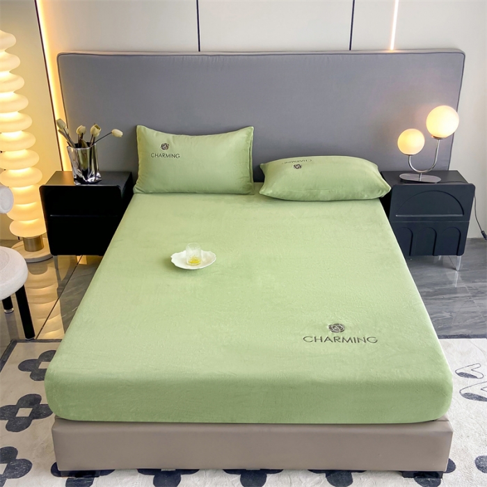 91家纺网 家纺一手货源 找家纺 古吉梦 2023新款牛奶绒刺绣床笠-琳达 琳达-月百绿