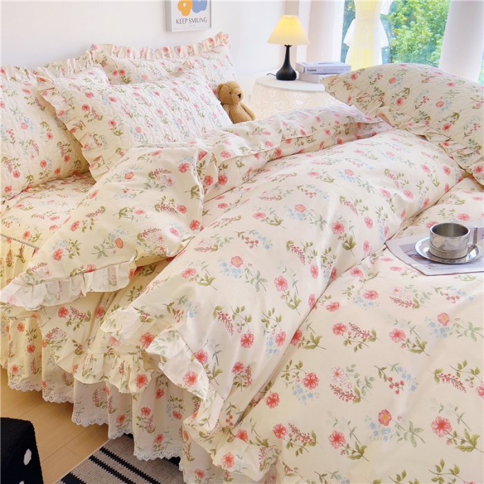 91家纺网 家纺一手货源 找家纺 十个点 2024新款全棉印花床笠式床裙四件套-樱桃系列 朵菲