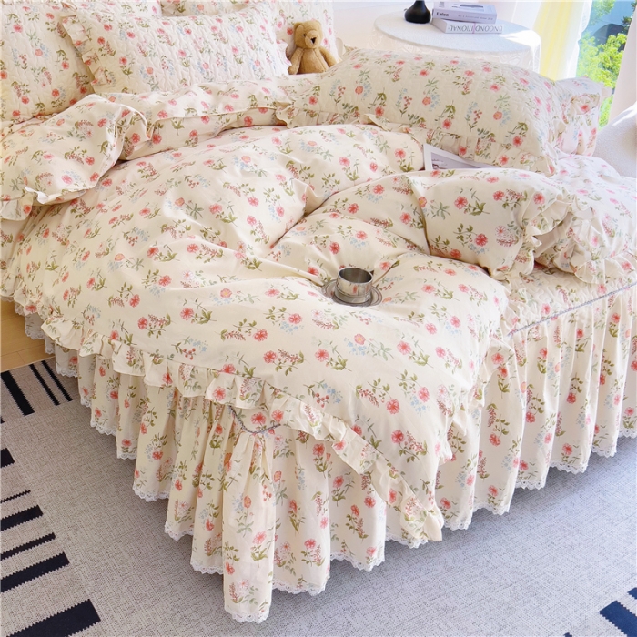 91家纺网 家纺一手货源 找家纺 十个点 2024新款全棉印花床笠式床裙四件套-樱桃系列 朵菲