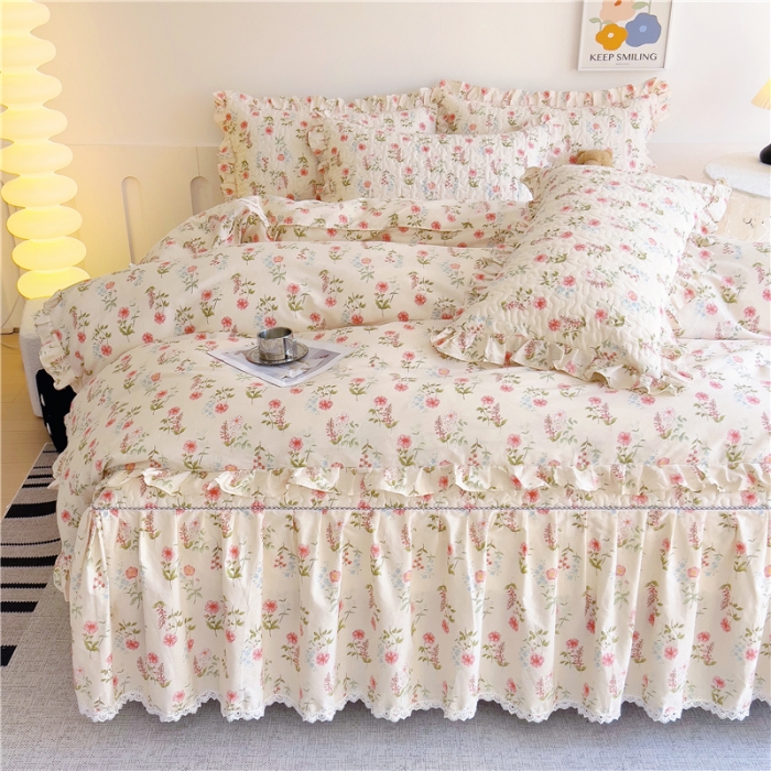 91家纺网 家纺一手货源 找家纺 十个点 2024新款全棉印花床笠式床裙四件套-樱桃系列 朵菲