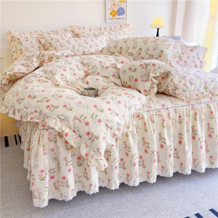 91家纺网 家纺一手货源 找家纺 十个点 2024新款全棉印花床笠式床裙四件套-樱桃系列 朵菲